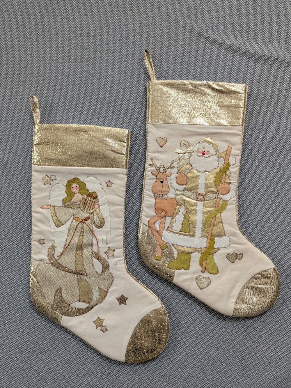 Vintage Holiday Plush Angel & Santa Stocking Set - Gold and Cream